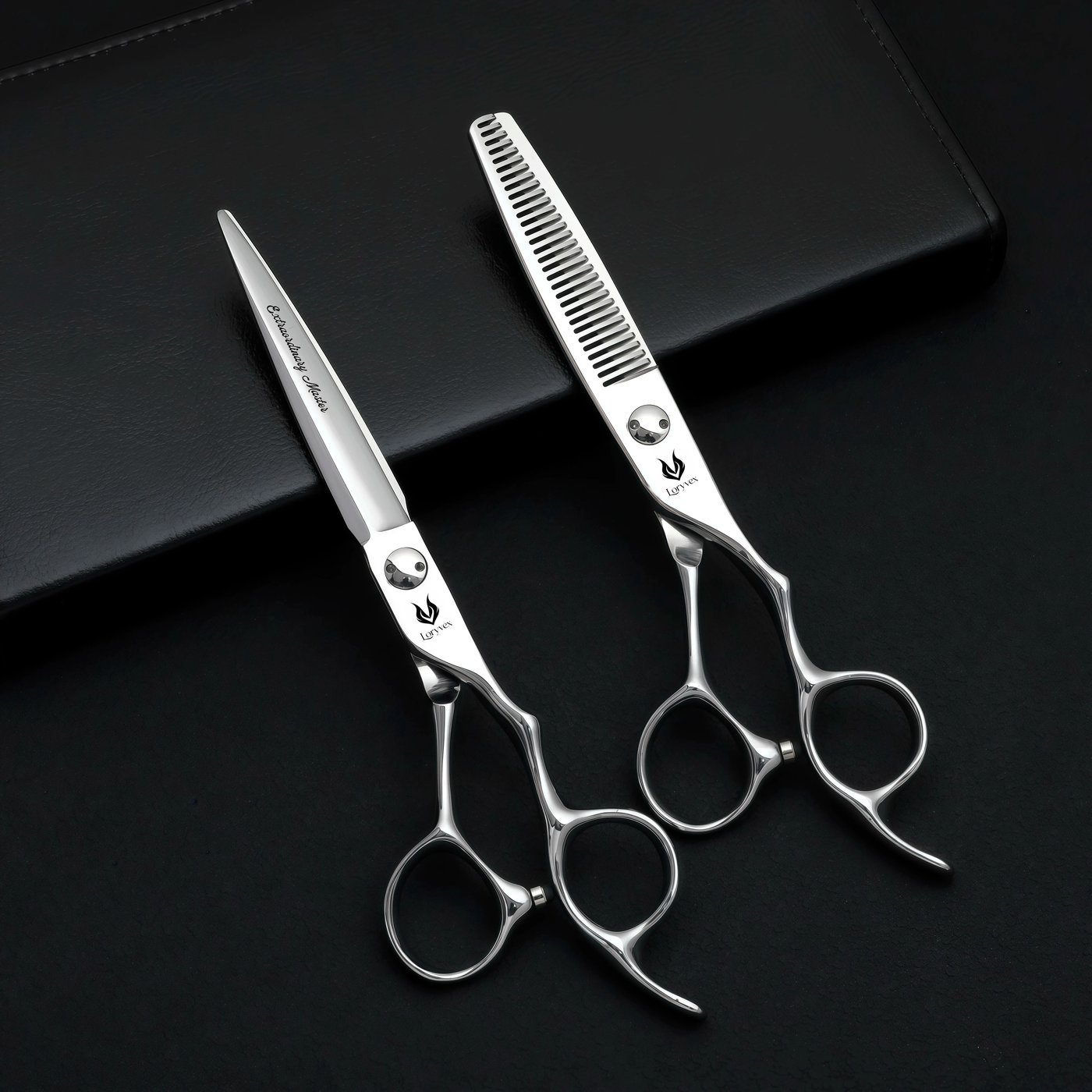 Loryvex silver cutting and thinning scissors on a dark background